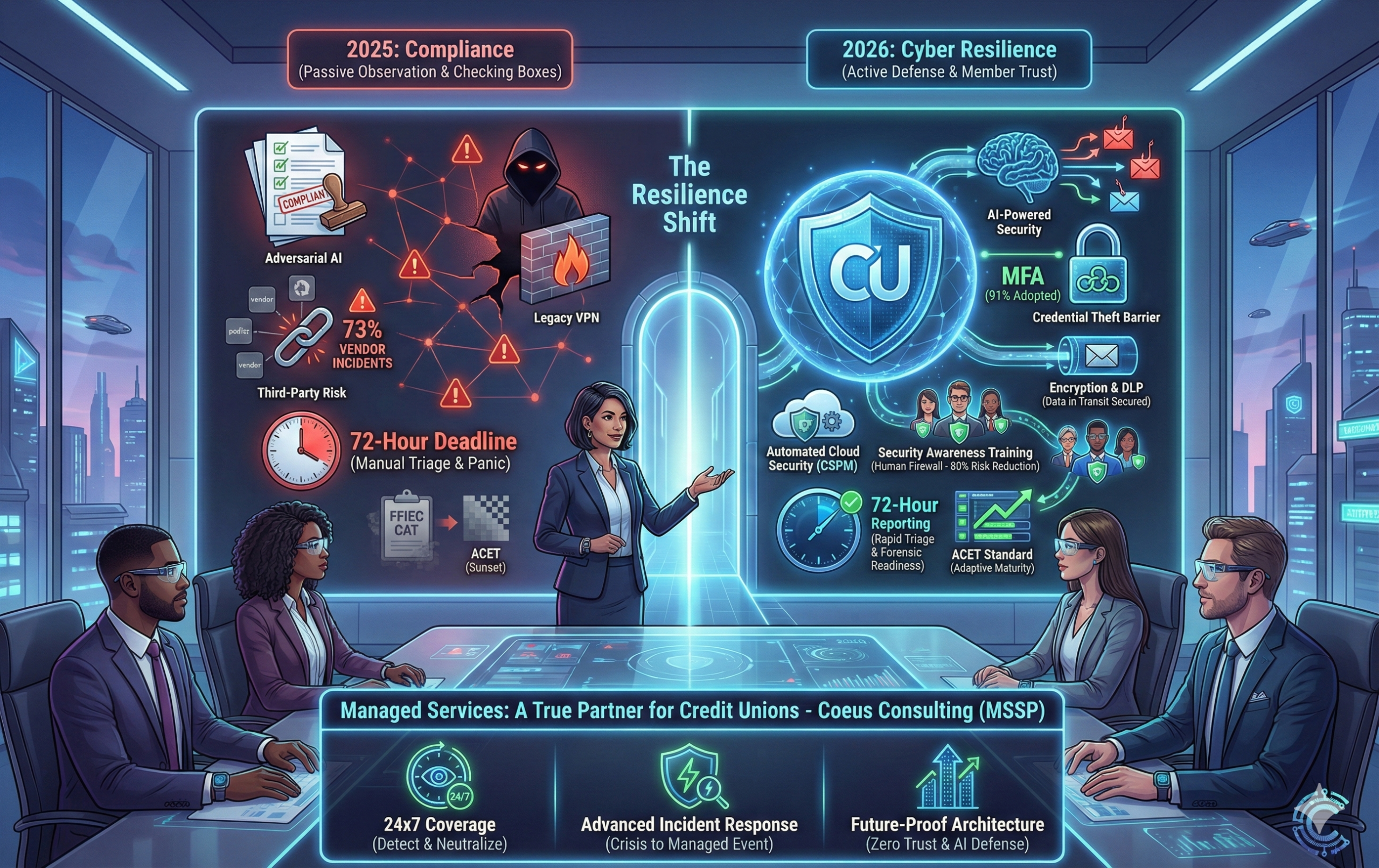 Coeus Consulting, a Phoenix-based IT consulting and managed security service provider (MSSP), understands the challenges credit unions face. Partnering together, Coeus helps credit unions meet their compliance and cybersecurity challenges head-on.