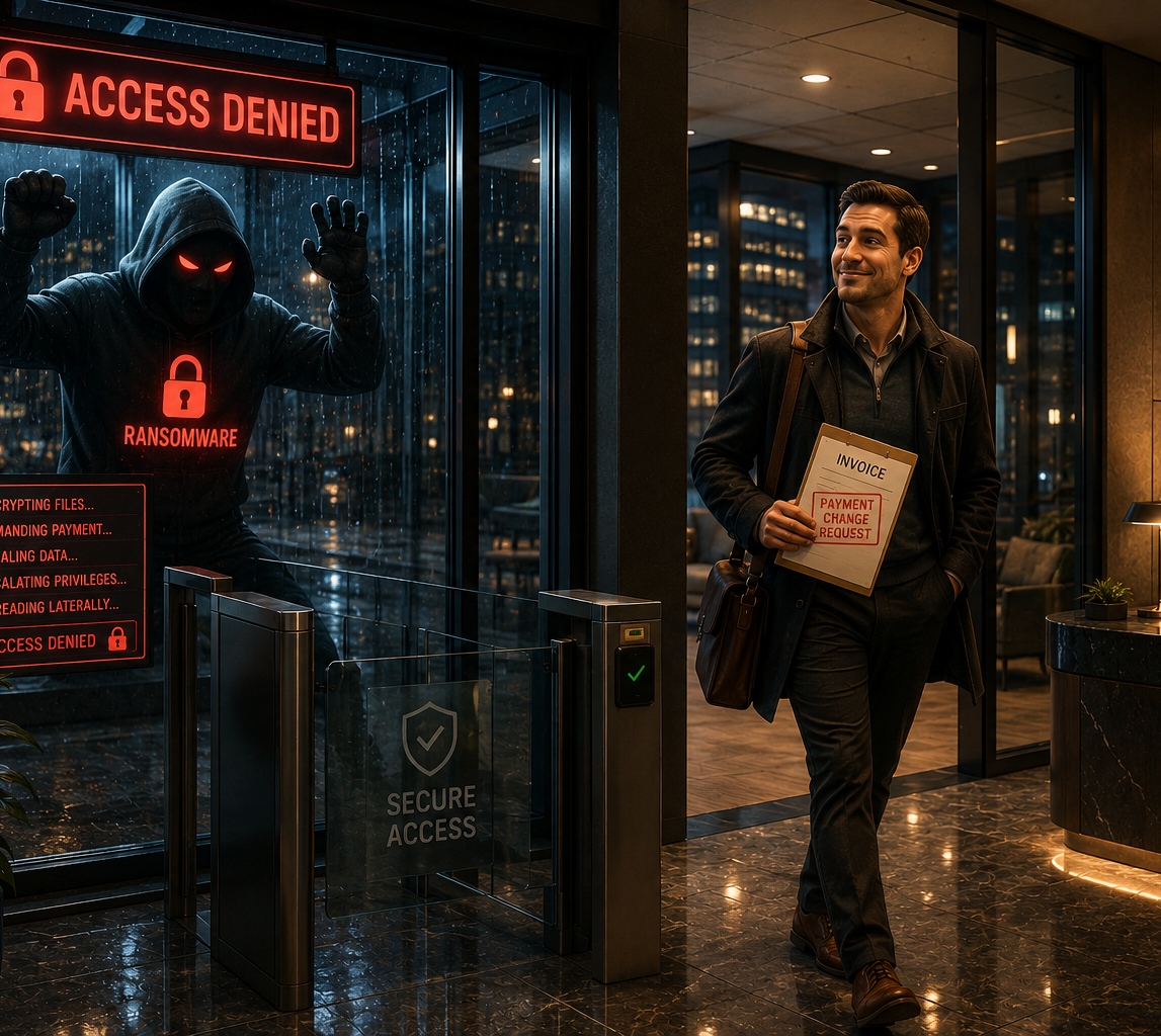 Fraud quietly enters an office while ransomware is stopped at the security gate