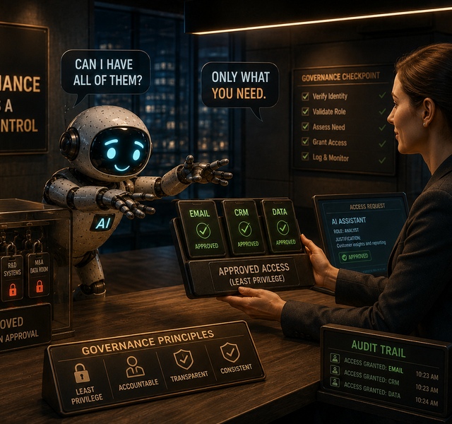 The Coeus Chronicle: Volume 1, Issue 2 (February 2026) 3 AI robot requesting access while a governance officer grants only approved least-privilege systems