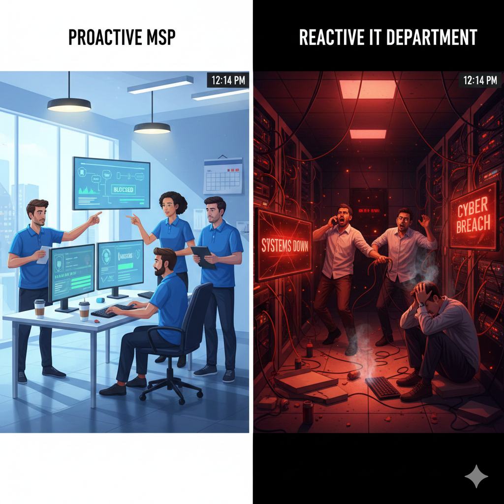 A proactive IT team working calmly beside a reactive team responding to a cyber breach