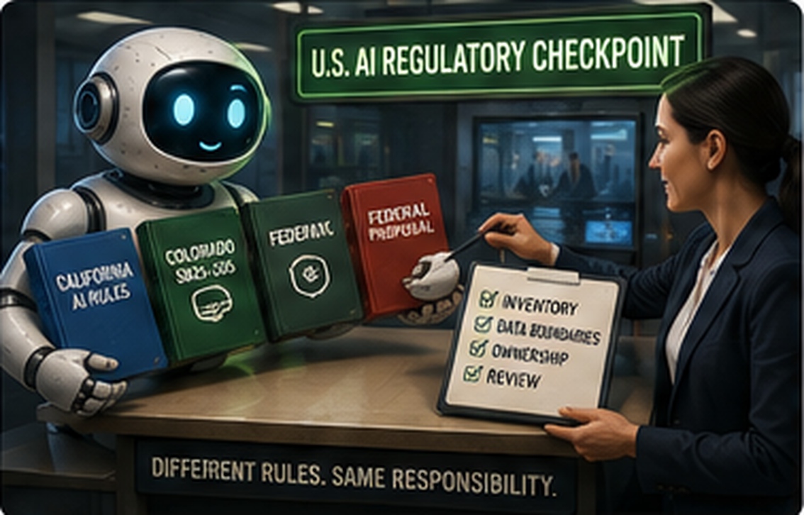 AI robot navigating different state and federal regulatory rulebooks
