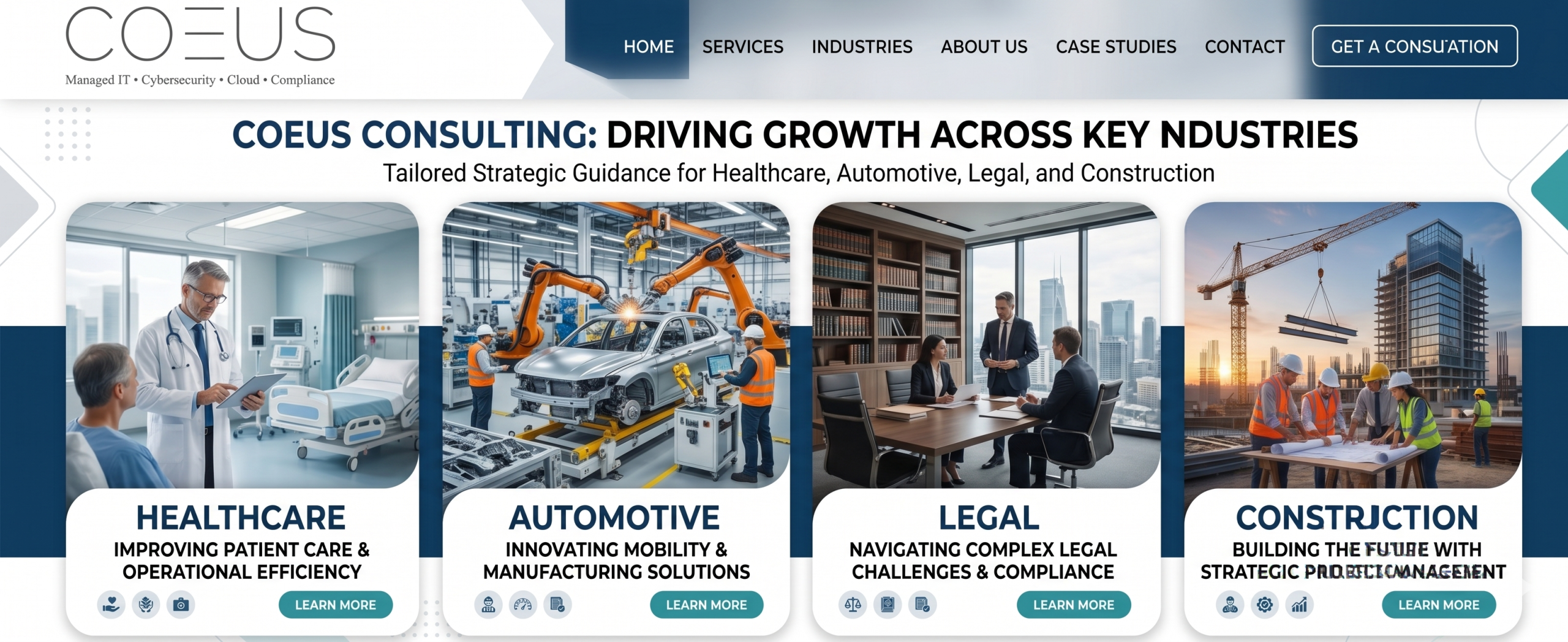 Coeus Consulting support for several industries, including automotive, construction, healthcare, and legal