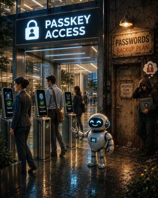 Modern passkey entrance beside an outdated password backup door