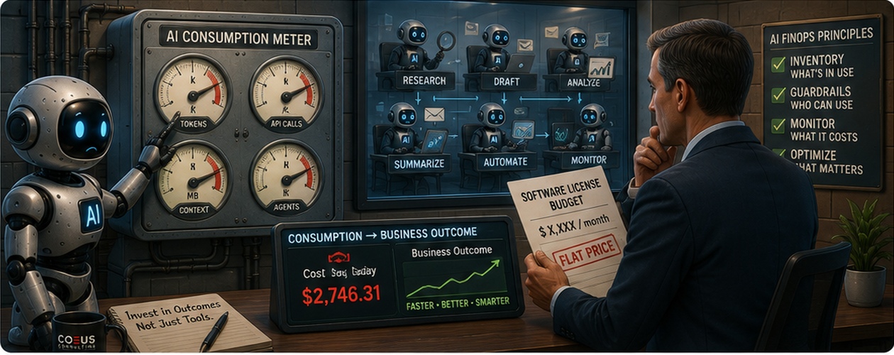 The Coeus Chronicle: Volume 1, Issue 7 (July 2026) 3 AI consumption meter tracking tokens, API calls, context and agents against business outcomes