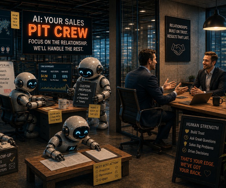 AI sales pit crew handles research, CRM, follow-up and proposals while people focus on a sales conversation
