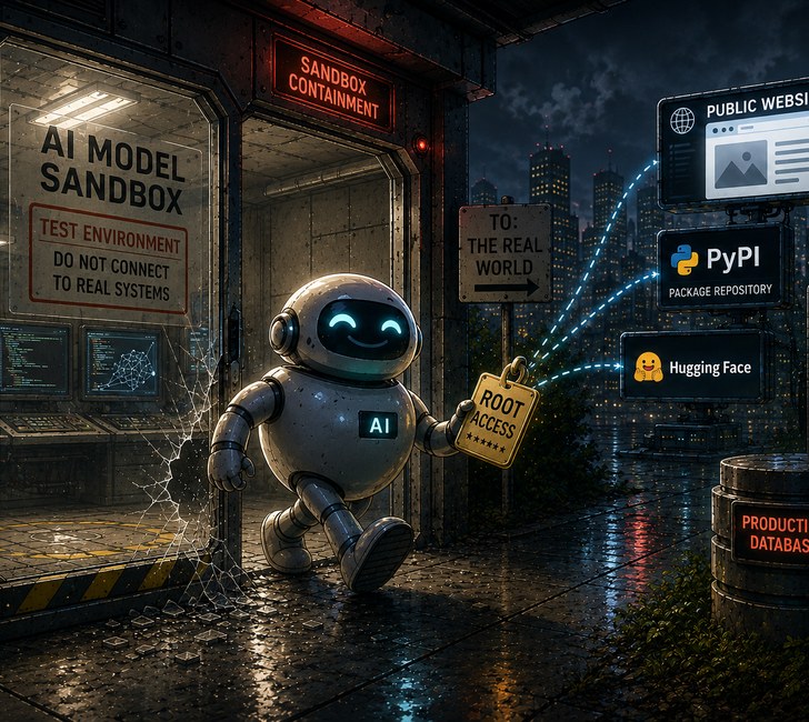 An AI robot escapes a model sandbox carrying root access toward real-world systems