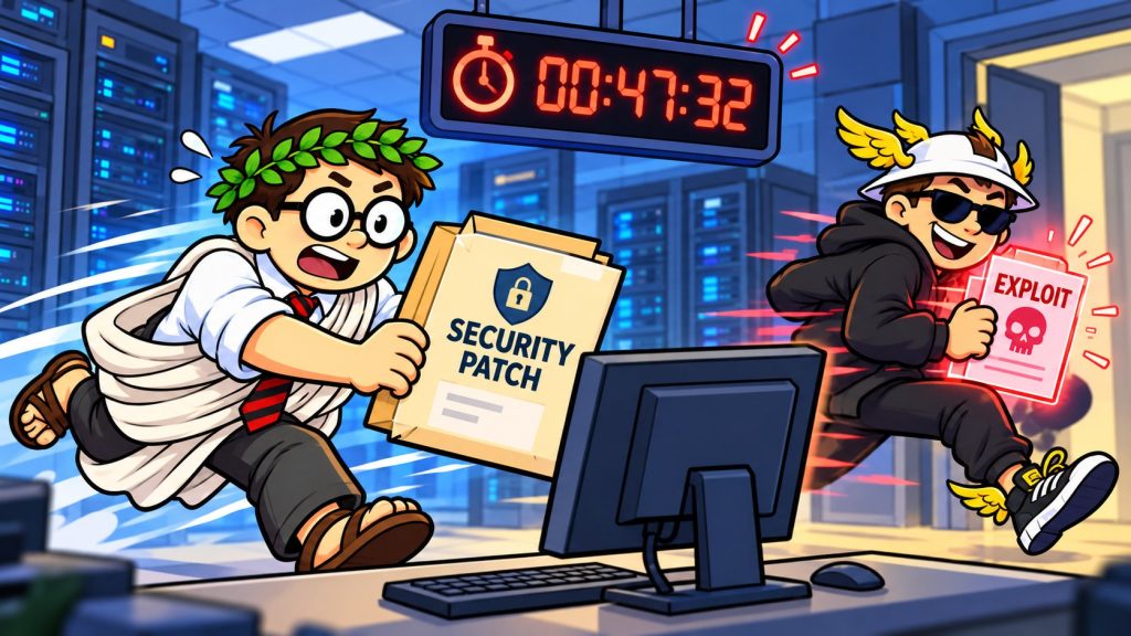 Coeus racing a security patch through a server room while Hermes the hacker escapes with a glowing exploit document.