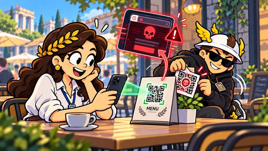 A café scene where a woman scans a menu QR code while Hermes the hacker swaps in a malicious QR sticker.