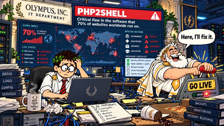 Coeus urgently patches systems while Zeus attempts to flip a GO LIVE lever during the PHP2Shell emergency.