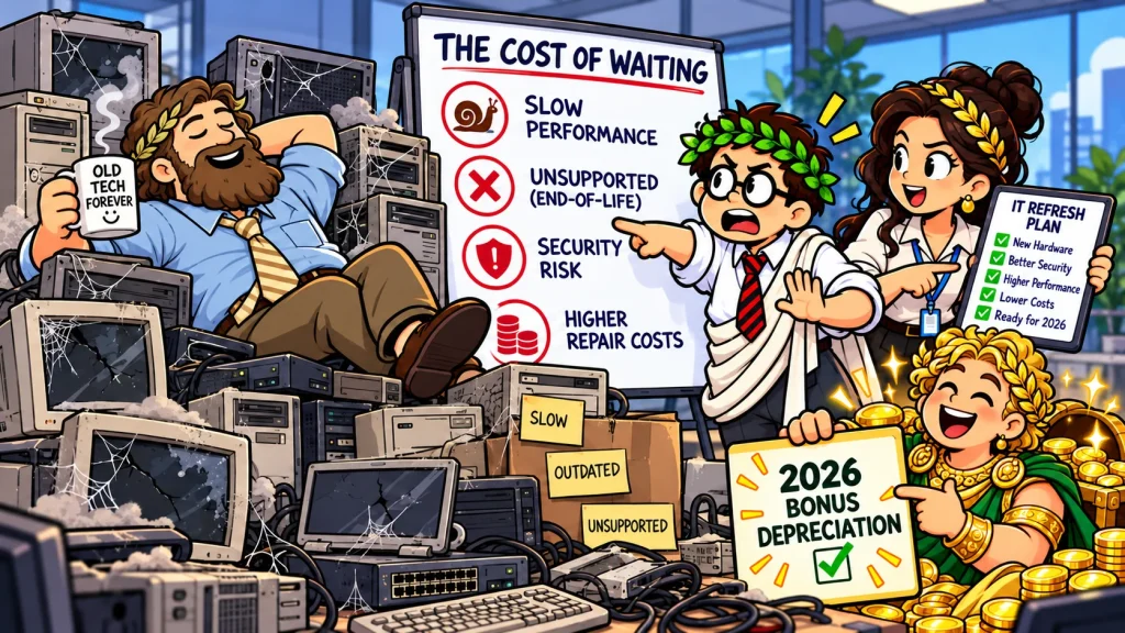 Moros lounges among obsolete computers while Coeus and Athena explain the cost of delaying an IT refresh and Plutus highlights bonus depreciation.