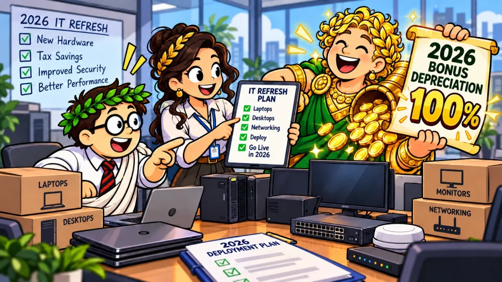 Coeus and Athena plan a 2026 IT refresh while Plutus presents the 100% bonus depreciation opportunity.