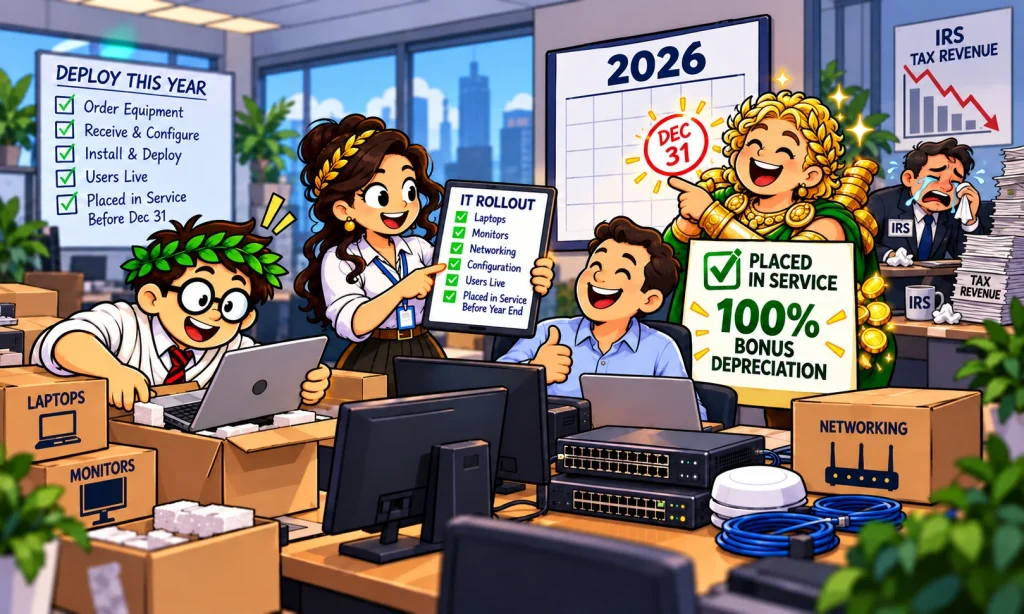Coeus and Athena deploy new computers before the 2026 year-end deadline while Plutus celebrates bonus depreciation and a crying IRS collector watches from his office.